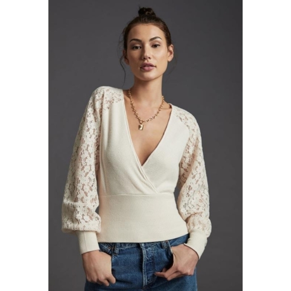 Anthropologie Sweaters - By Anthropologie Shirt Womes Large Cream Lace Sleeve Balloon Faux Wrap Sweater